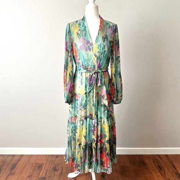 Alex Marie Dresses & Skirts - Alex‎ Marie Long Sleeve Green Floral Pleated Belted Midi Dress Women's Size 8